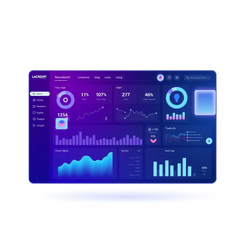 modern tech dashboard with floating 3D elements, software development visualization, futuristic UI, blue and purple gradient, high quality 3D rendering