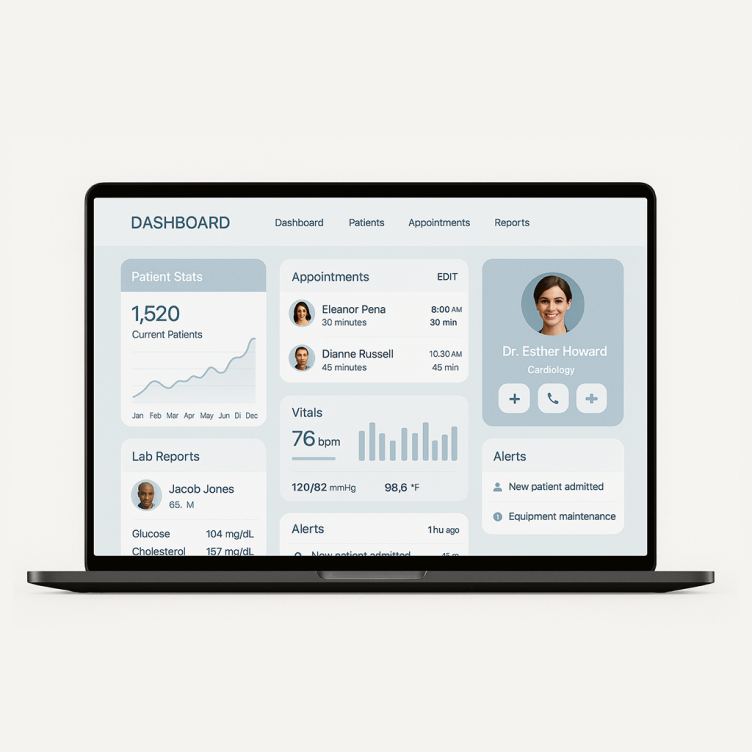 healthcare mobile app interface showing patient data and medical information, telemedicine application